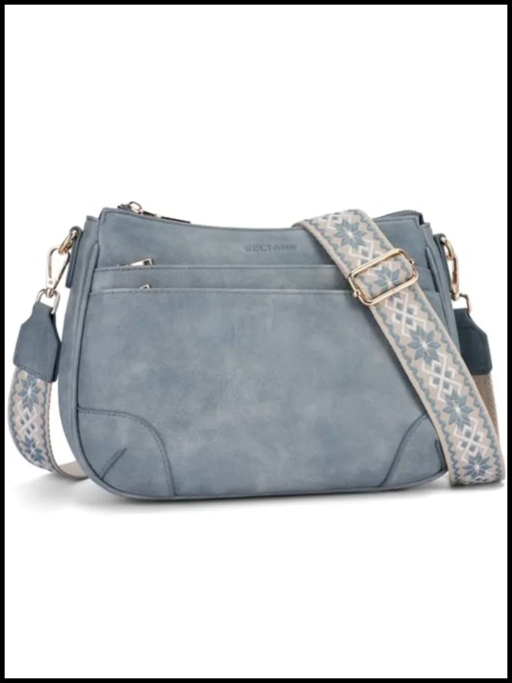 Faux Leather Multi Pocket Crossbody Bag Wide Guitar Strap